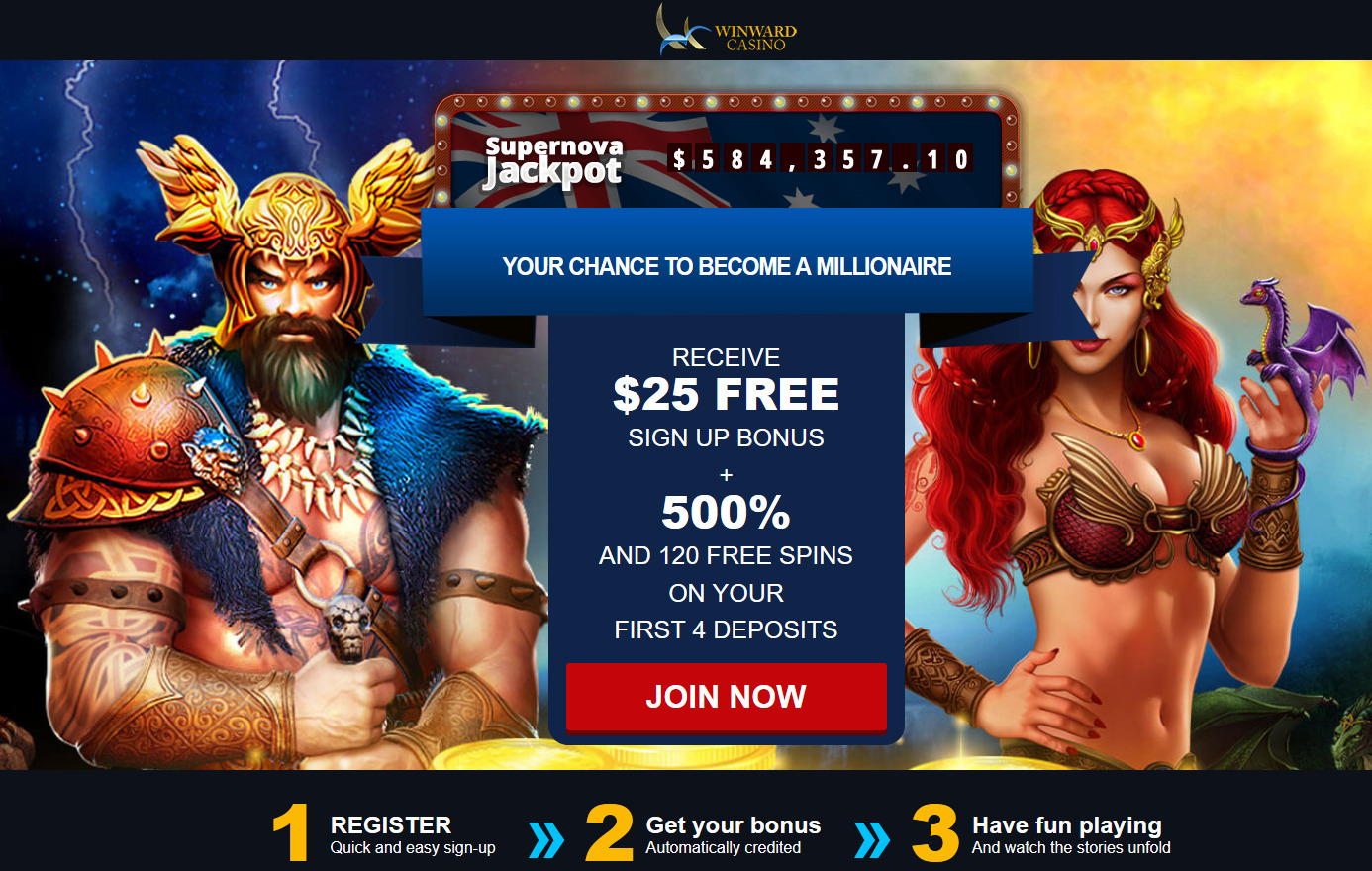 Receive $25 Free Sign Up Bonus +
                                500% and 120 free spins on your first 4
                                deposits